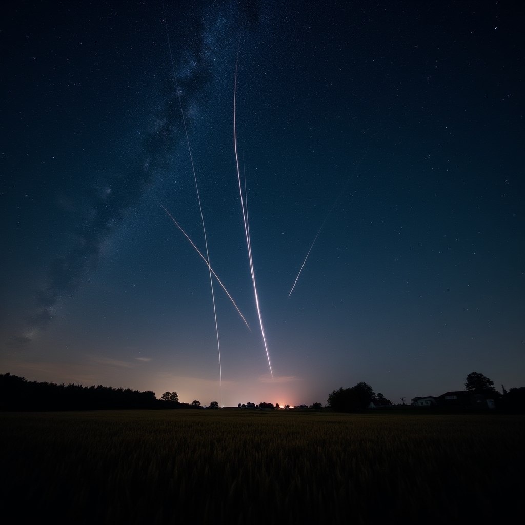 Perseidy nad českou krajinou, světelné stopy meteorů na fotografi
