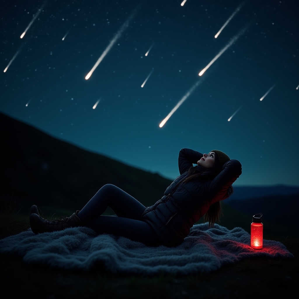 Pozorovatel leží na dece a sleduje meteorický roj na tmavé obloze