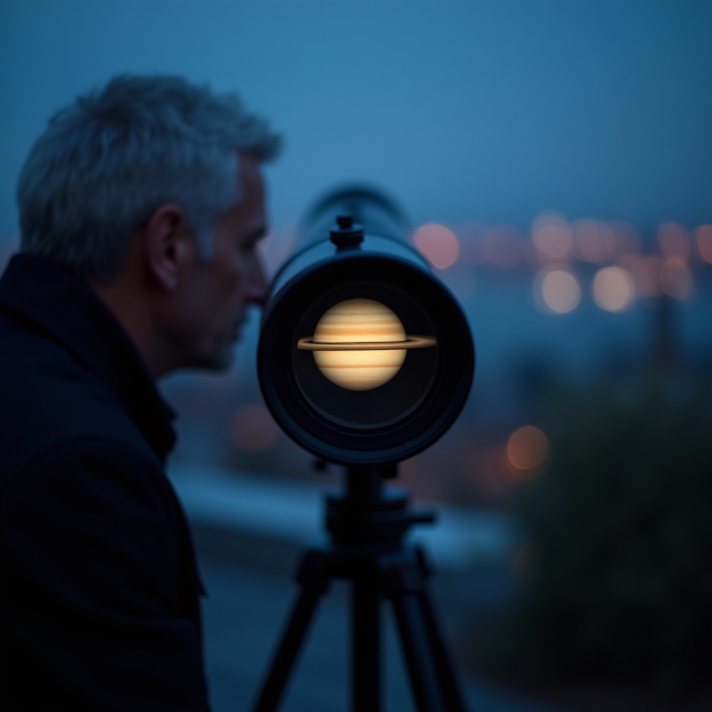 Dalekohled namířený na planetu Jupiter za soumraku